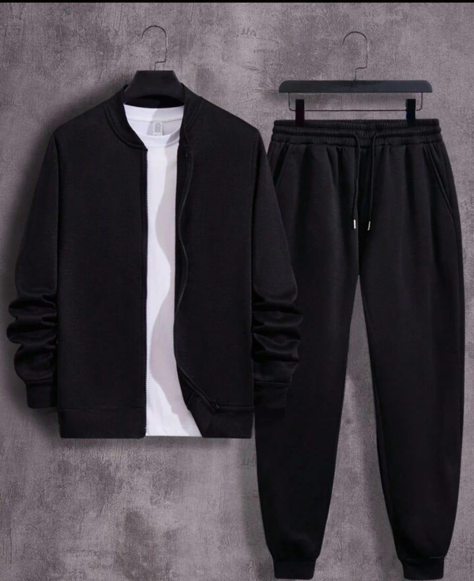 Men's fleece zipper track suit- 2pcs in black